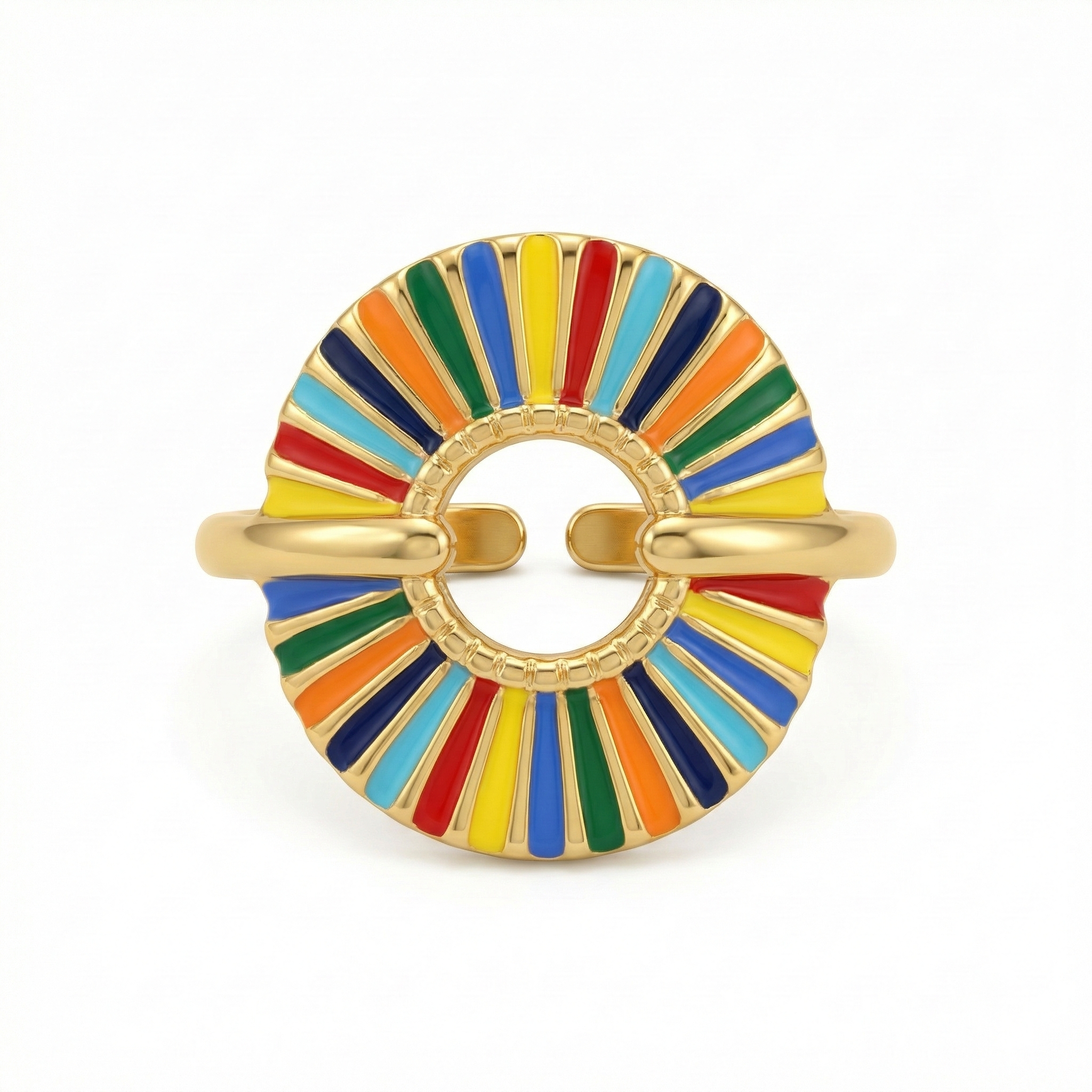 Bague dorée en acier inoxydable avec cercle émaillé multicolore bohème